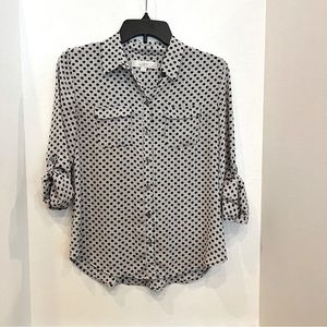 LOFT Button Up Long Sleeve Women’s white top with black polka dots.